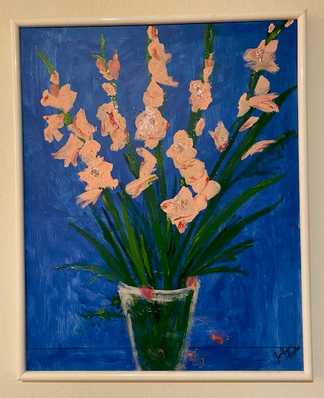 Jan Yager art Celebration flowers with blue background